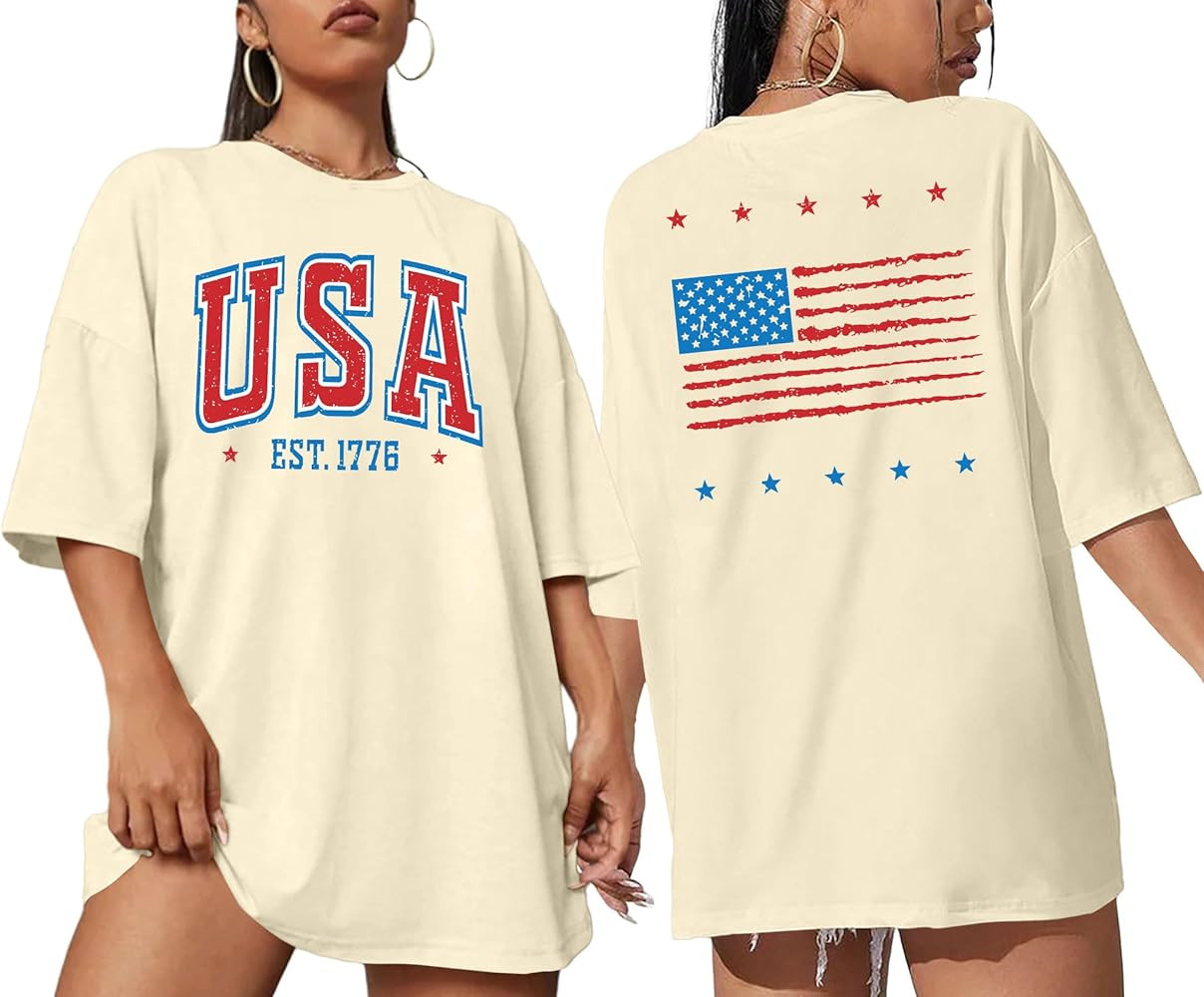American Flag Shirt: Women 4th of July Oversized Tshirt USA Print Patriotic Shirt Stars Stripes S... | Amazon (US)