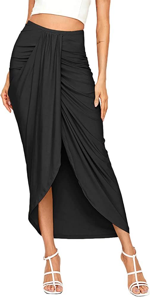 SheIn Women's Casual Slit Wrap Asymmetrical Elastic High Waist Maxi Draped Skirt | Amazon (US)