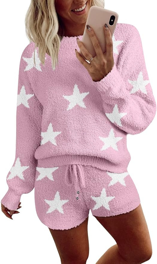 MEROKEETY Women's Fuzzy Fleece Leopard Long Sleeve Pajama Set 2 Piece Sweater Top and Shorts Loun... | Amazon (US)