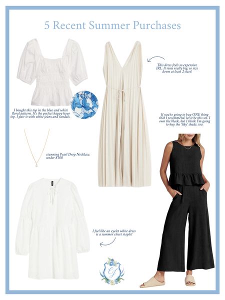 Five recent summer purchases! 🌊 

Black two piece set, linen set, cream dress, rehearsal dinner dress, bridal style, coastal style, blue and white top, coastal grandmother style  