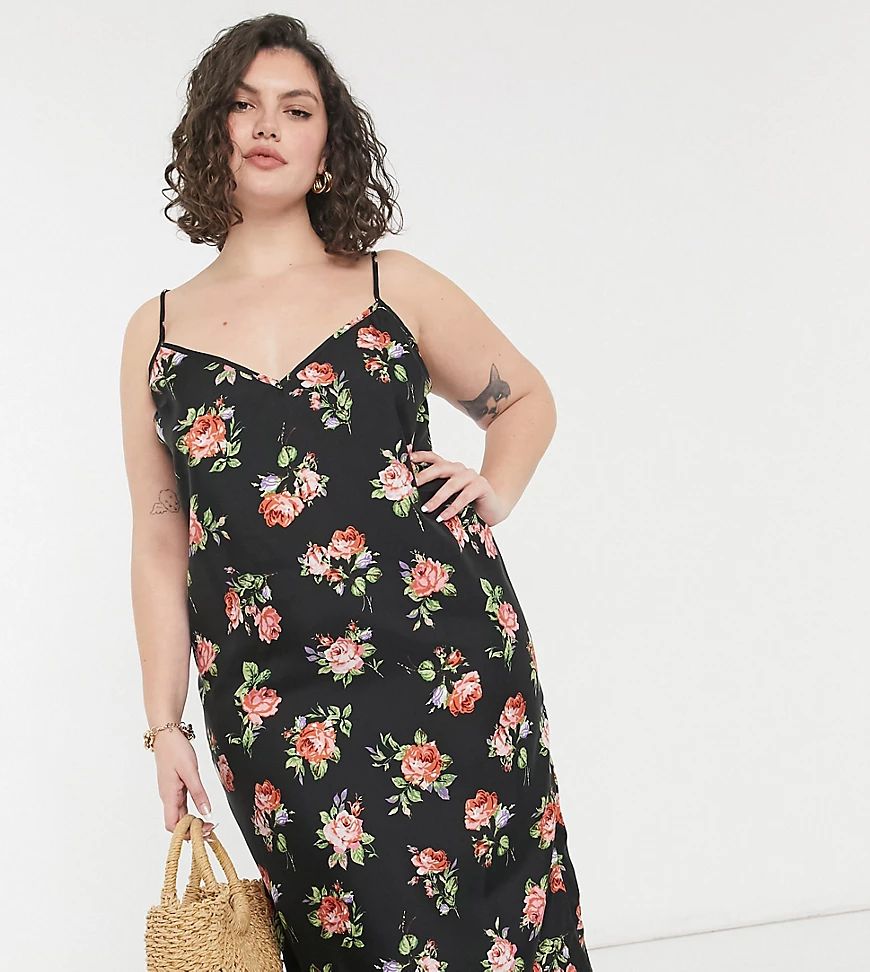 ASOS DESIGN Curve midi cami slip dress in black based floral print-Multi | ASOS (Global)