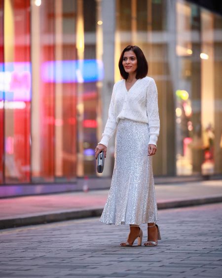Sequin Silver Skirt Cocktail Outfit Party Outfit Occasion Skirt Petite Outfit Night Out Outfit White Pearl Cardigan New Yers Outfit Festive Outfit Silver Block Heels Silver

#LTKstyletip #LTKeurope #LTKunder100