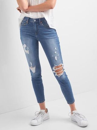 Gap Women Mid Rise Destructed True Skinny Ankle Jeans Size 24 Regular - Medium indigo | Gap US