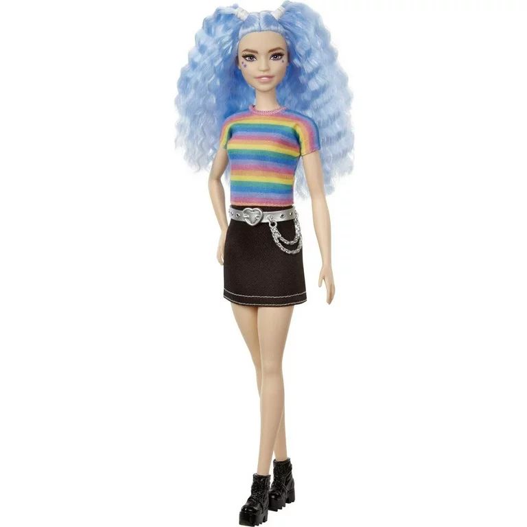 Barbie Fashionistas Doll #170 with Long Blue Crimped Hair, Star Face Makeup in Striped Tee | Walmart (US)