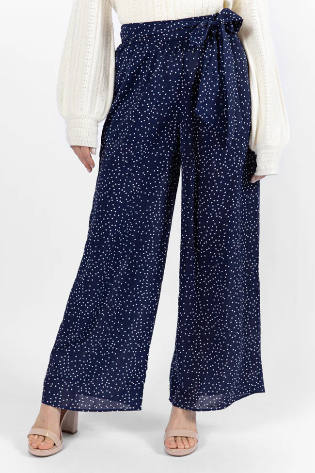 Over The Blues Navy Polka Dot Belted Wide Leg Pants SALE | Pink Lily