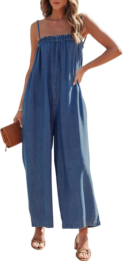Onedreamer Womens One Piece jumpsuits Casual Sleeveless Wide Leg Denim Romper Loose Spaghetti Str... | Amazon (US)