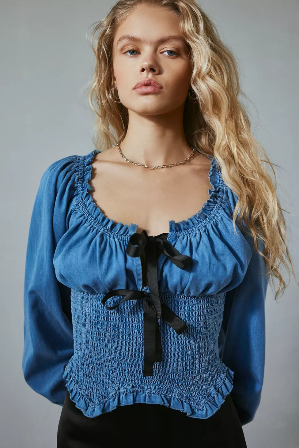 Kimchi Blue Marley Bow Front Long Sleeve Denim Blouse | Urban Outfitters (US and RoW)