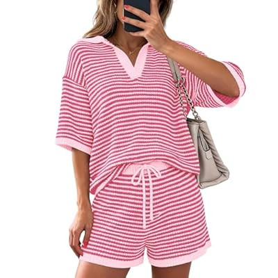 PRETTYGARDEN Women 2 Piece Lounge Sets Short Sleeve V Neck Striped Tops… | Amazon (US)