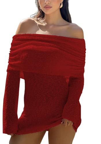 LETSVDO Womens Off Shoulder Mini Dress Bodycon Bell Sleeve Knitted Crochet See Through Beach Vacation Cover Up Dresses Red | Amazon (US)