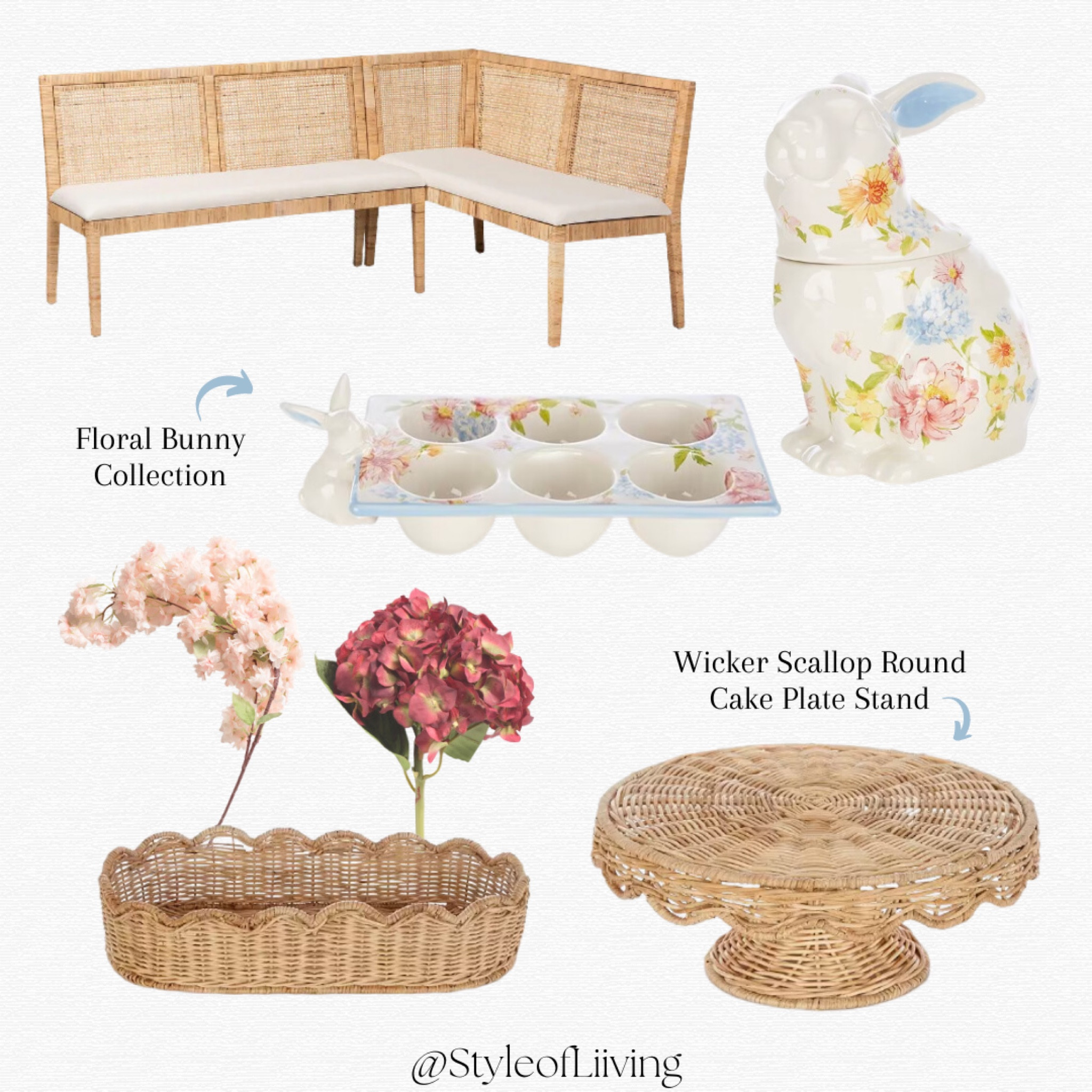 Wicker scallop round cake plate stand, wicker bread basket, faux floral stems, floral Easter bunny collection, rattan banquette seating set.

#LTKSeasonal #LTKsalealert #LTKhome