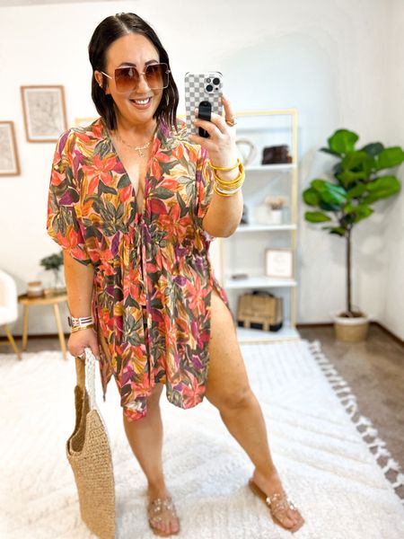 Love this new tropical layering piece from Walmart worn as a swimsuit coverup!  Wearing size L/XL in mine. XL Amazon swimsuit. Sandals fit tts  

#LTKmidsize #LTKSeasonal #LTKfindsunder50