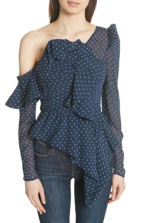 Self-Portrait Ruffle Asymmetrical Plumetis Top | Nordstrom