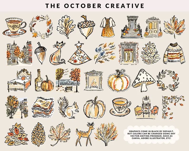Cozy Autumn Clipart Bundle, Hand Drawn Colorful Fall Season Doodles, Leaves Sweater Scarf Pumpkin... | Etsy (US)