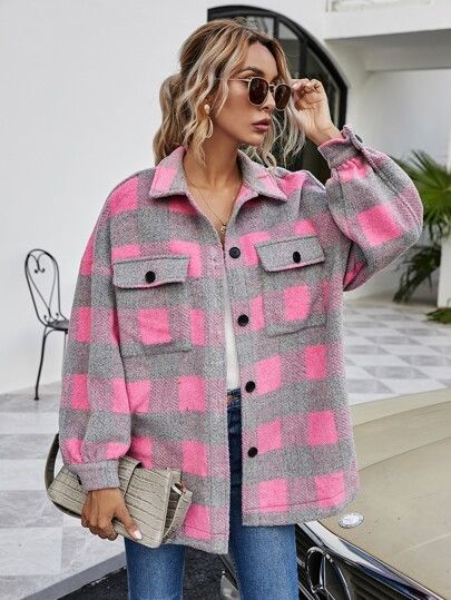 Plaid Flap Pocket Drop Shoulder Overcoat | SHEIN