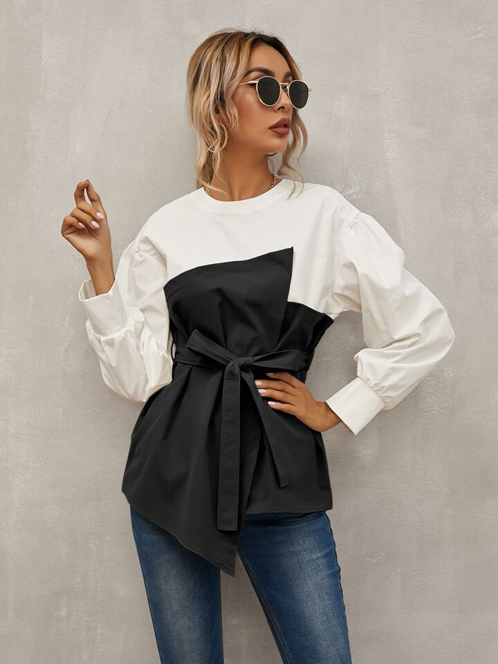SHEIN LUNE Com cinto Bloco de cores elegante Blusa | SHEIN