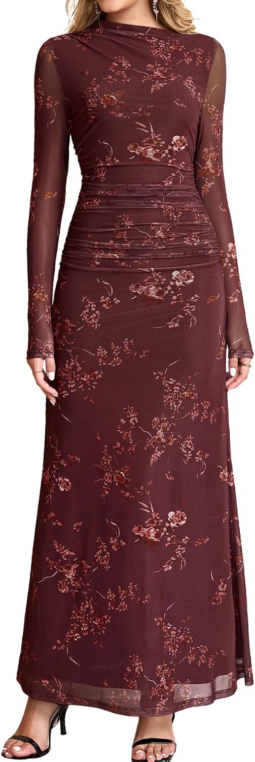 HTZMO Long Sleeve Fall Wedding Guest Bodycon Floral Maxi Dress for Women | Amazon (US)