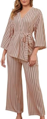 VibeVista Striped Pajamas for Women Set Kimono Lounge Sets 2 Piece Long Sleeve Pajama Tops and Pa... | Amazon (US)