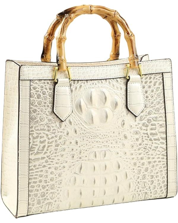 Crocodile Pattern Leather Women's Bag Bamboo Top-Handle Satchel Handbags Portable Tote Bag Should... | Amazon (US)