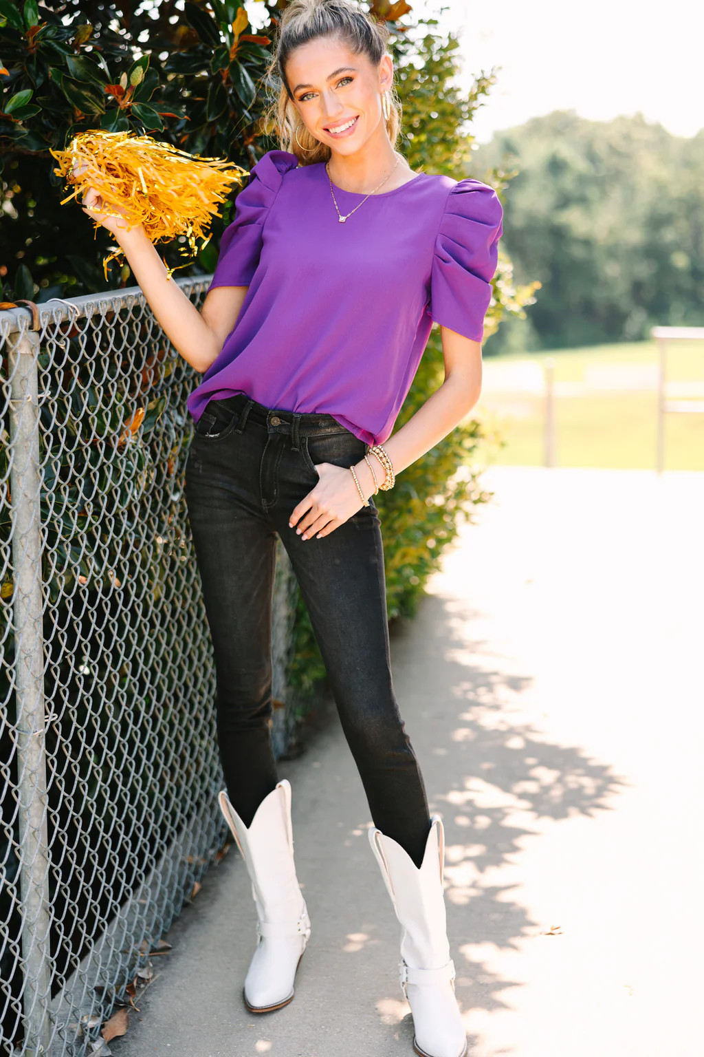 Here For The Drama Purple Puff Sleeve Blouse | The Mint Julep Boutique