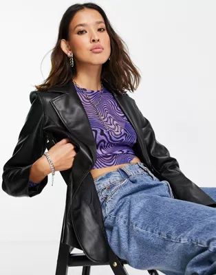 Topshop faux leather fitted blazer in black | ASOS (Global)