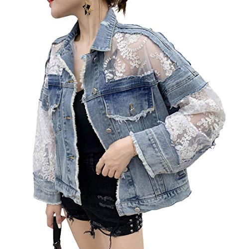 ebossy Women's See Through Floral Embroidery Lace Crop Denim Jacket Ripped Distressed Jean Jacket (Medium, Blue) | Amazon (US)