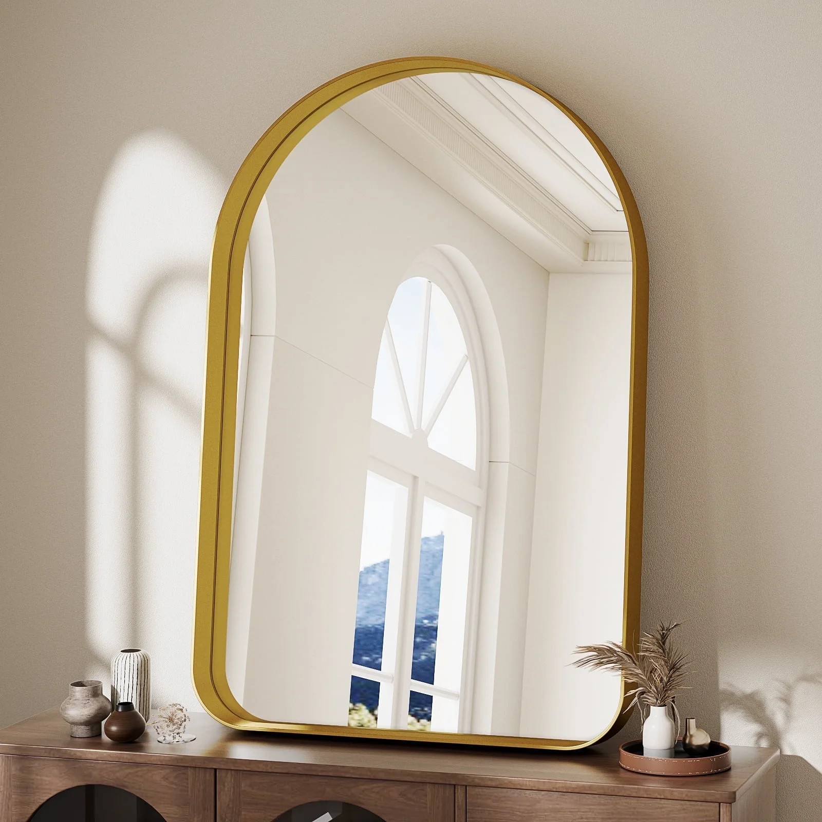 BEAUTYPEAK 36"x 24" Arched Bathroom Vanity Mirror With Deep Frame, Gold | Walmart (US)