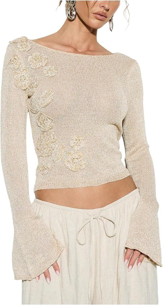 MakeMeChic Women's Lightweight 3D Flower Bell Sleeve Sweater Boat Neck Knit Pullover Tops | Amazon (US)