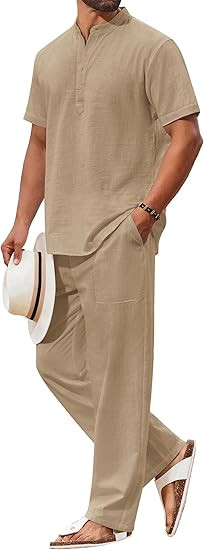 COOFANDY Men's 2 Piece Cotton Sets Casual Short Sleeve Henley Shirts and Beach Pants with Pockets... | Amazon (US)