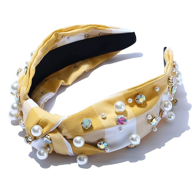Pearly Crystal Knotted Women Headband Plaid Checkered Luxury Yellow Jeweled Embellished Top Hairb... | Amazon (US)