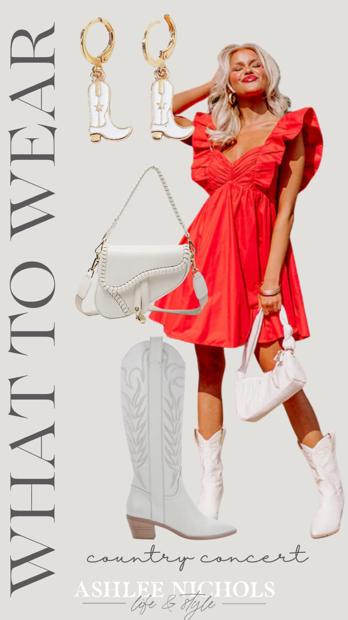 You’re sure to stand out in the crowd in this pretty bright red dress!💃
- -
Country concert outfit, ruffle dress, white boots, cowboy boot earrings, saddle bag purse, white accessories

#LTKstyletip #LTKfindsunder50 #LTKfindsunder100