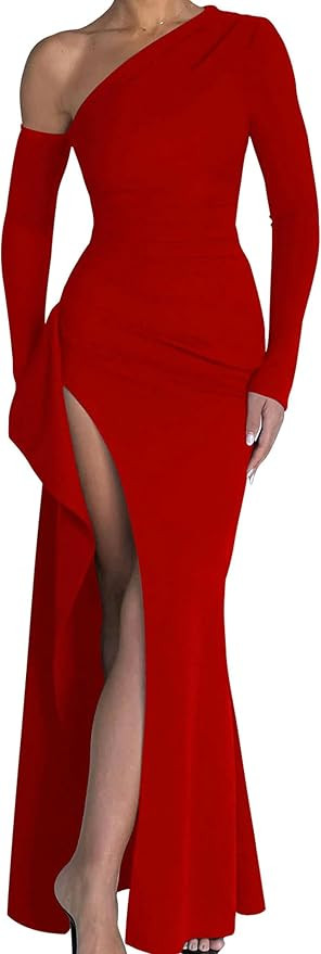 Memoriesea Women's One Shoulder Long Sleeve Sexy High Slit Wedding Guest Party Maxi Dress | Amazon (US)