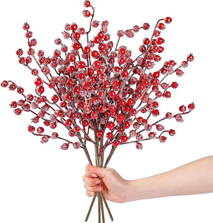 Sggvecsy 6 Pack Snow Frosted Artificial Red Berry Stems Snowy Christmas Red Berries Holly Berry B... | Amazon (US)