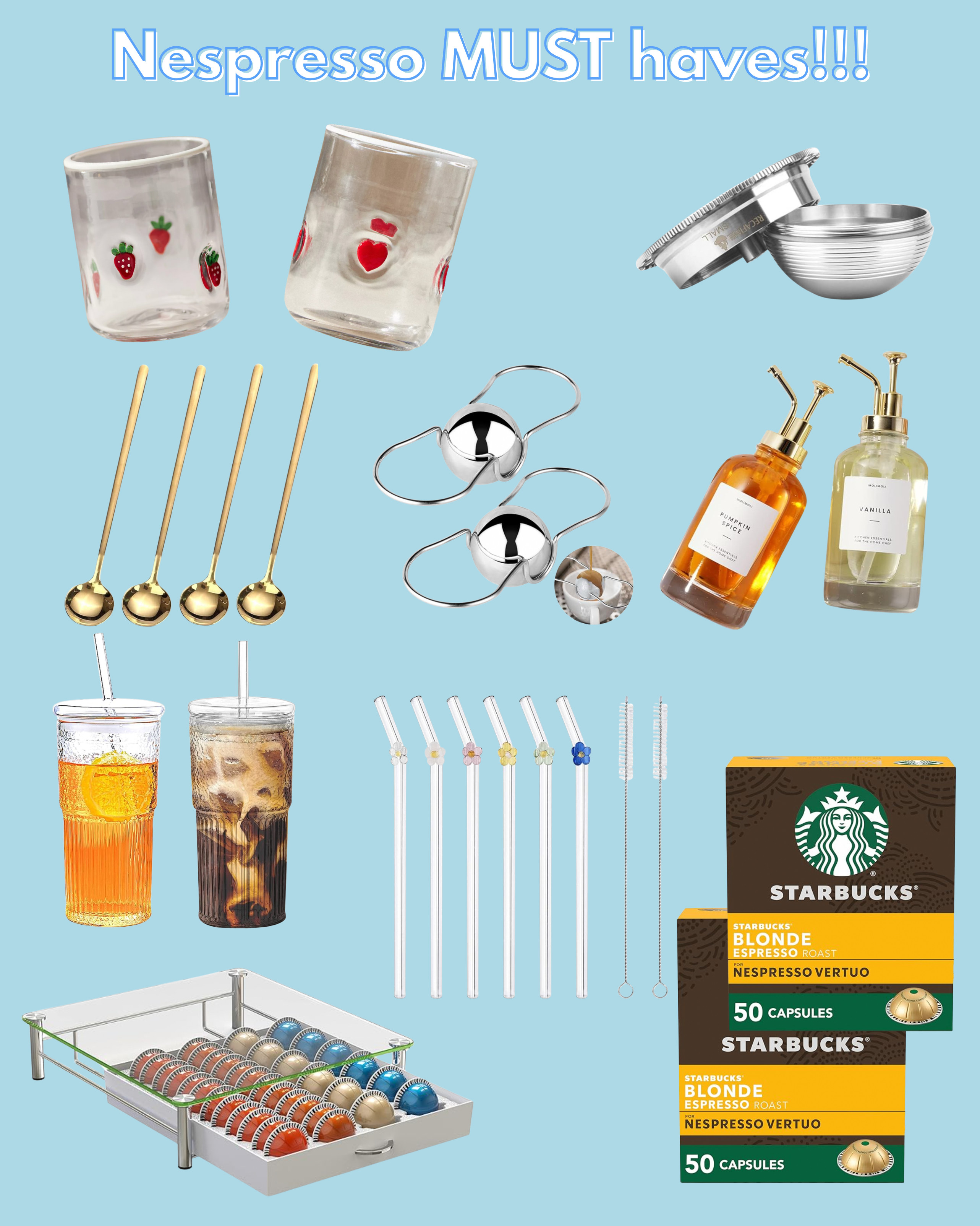 Nespresso Amazon must-haves! These are all products I use daily with my Nespresso machine, and I rave about them! I do make mostly lattes and take them to work. The Starbucks pods are way cheaper than the actual Nespresso pods,  but I also use my reusable stainless steel pod that I put ground Nespresso beans in. The other stainless steel products are the two amazing espresso coolers. You put them in the freezer, and it makes it so your ice doesn't melt when you put ice in the hot espresso. It's GENIUS! I also put cute other coffee cart essentials like coffee syrup containers and glass cups from Anthropologie that are the perfect size for morning coffee or iced lattes! I'll be tagging more coffee bar items later:) Any of these products would be amazing graduation gifts for high school graduation or college graduation! Or just gifts in general, because they can be used for more than just coffee, this would be perfect for at home matcha making as well! I would purchase all of these too while its memorial day! These would also make great wedding gifts or bridal shower gifts or bridesmaid proposal gifts.  

 

#LTKGiftGuide #LTKHome #LTKFindsUnder50