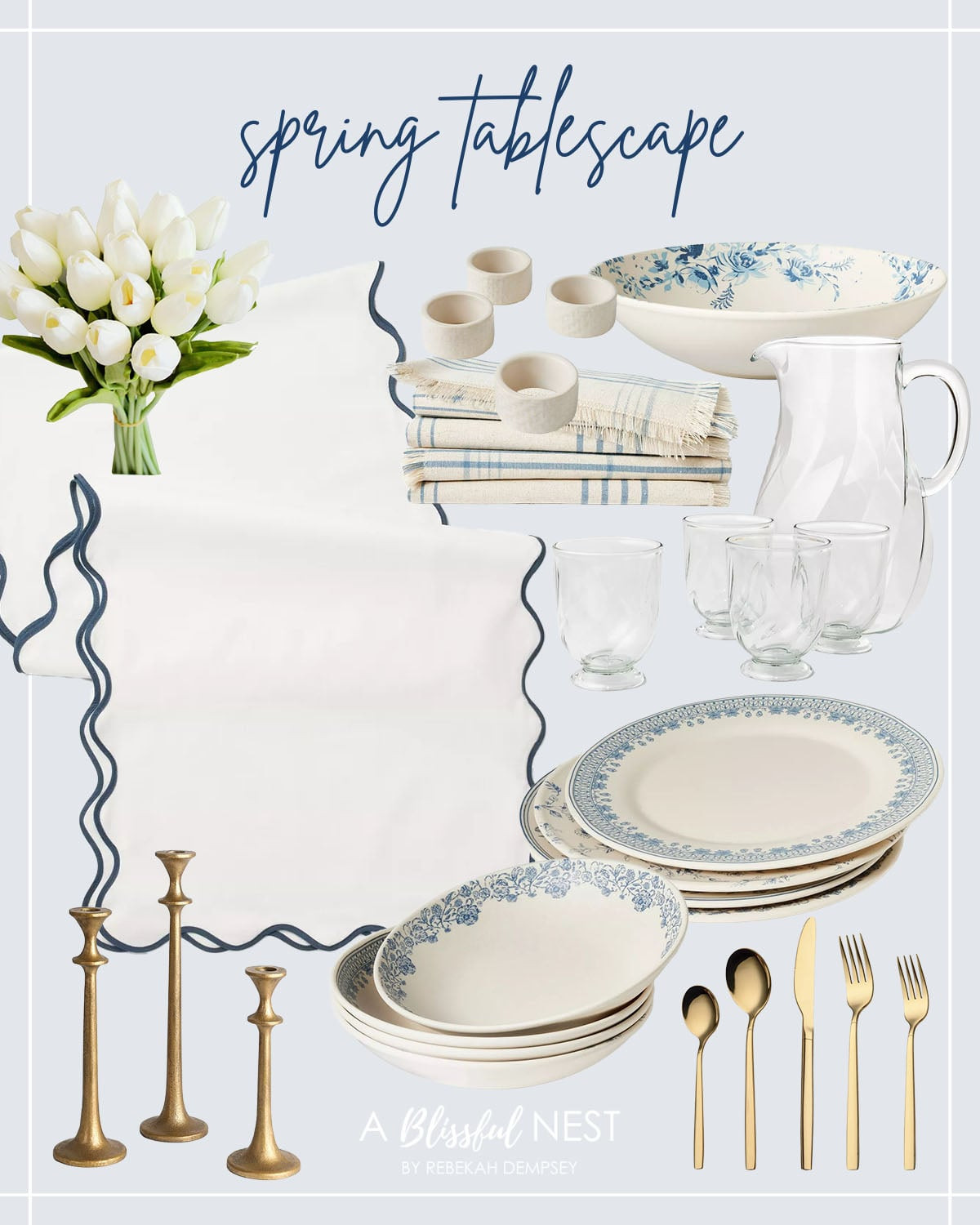 Grab these essentials to create an elegant spring tablescape! 
white faux tulips, scalloped table runner, white napkin rings, plaid table napkins, blue and white serving bowl, glass pitcher and glassware, blue and white dinner plates, gold flatware, gold candlesticks 

 #LTKSeasonal #LTKHome #LTKFindsUnder100