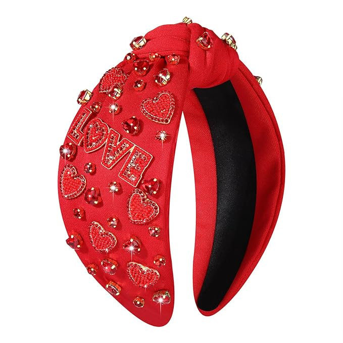 NVENF Valentine's Day Hairband, Red Heart Headband for Women, Jeweled Crystal Rhinestone Knotted ... | Amazon (US)