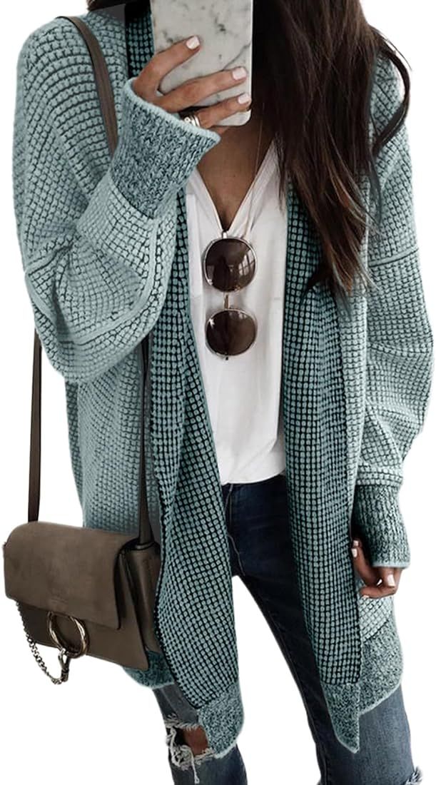 Sidefeel Womens Plaid Long Sleeve Open Front Cardigan Oversized Chunky Knit Sweaters Coat | Amazon (US)