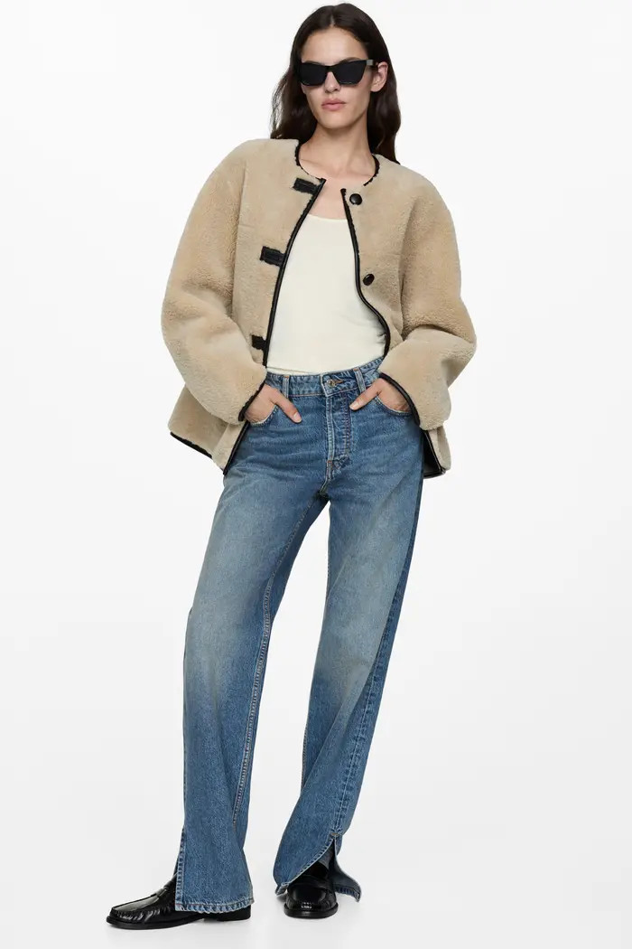 MANGO Contrast Faux Leather Trim Faux Fur Toggle Coat | Nordstrom | Nordstrom