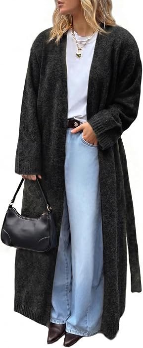 Tankaneo Womens Long Cardigan Sweater Oversized Open Front Coat with Belted | Amazon (US)