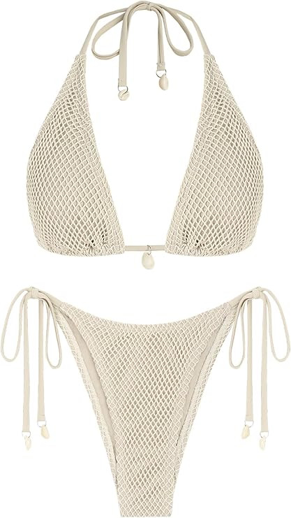 ZAFUL Women's Triangle Bikini Multiway Fishnet Tie Side Bandeau Halter String Bikini Set Two Piec... | Amazon (US)