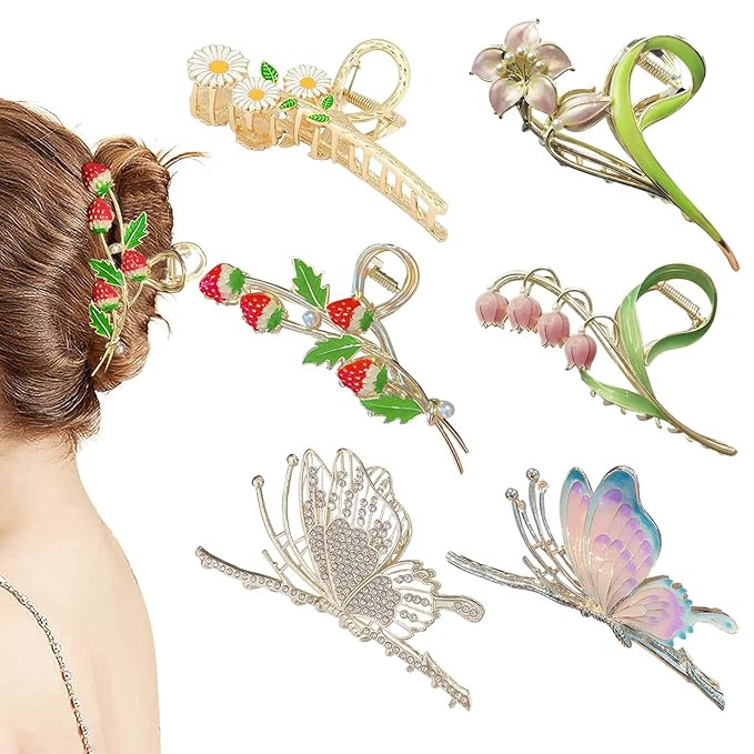 6 Pcs Hair Claw Clips for Women, Large Strong Metal Butterfly Hair Clips Flower Hair Clips for Wo... | Amazon (US)