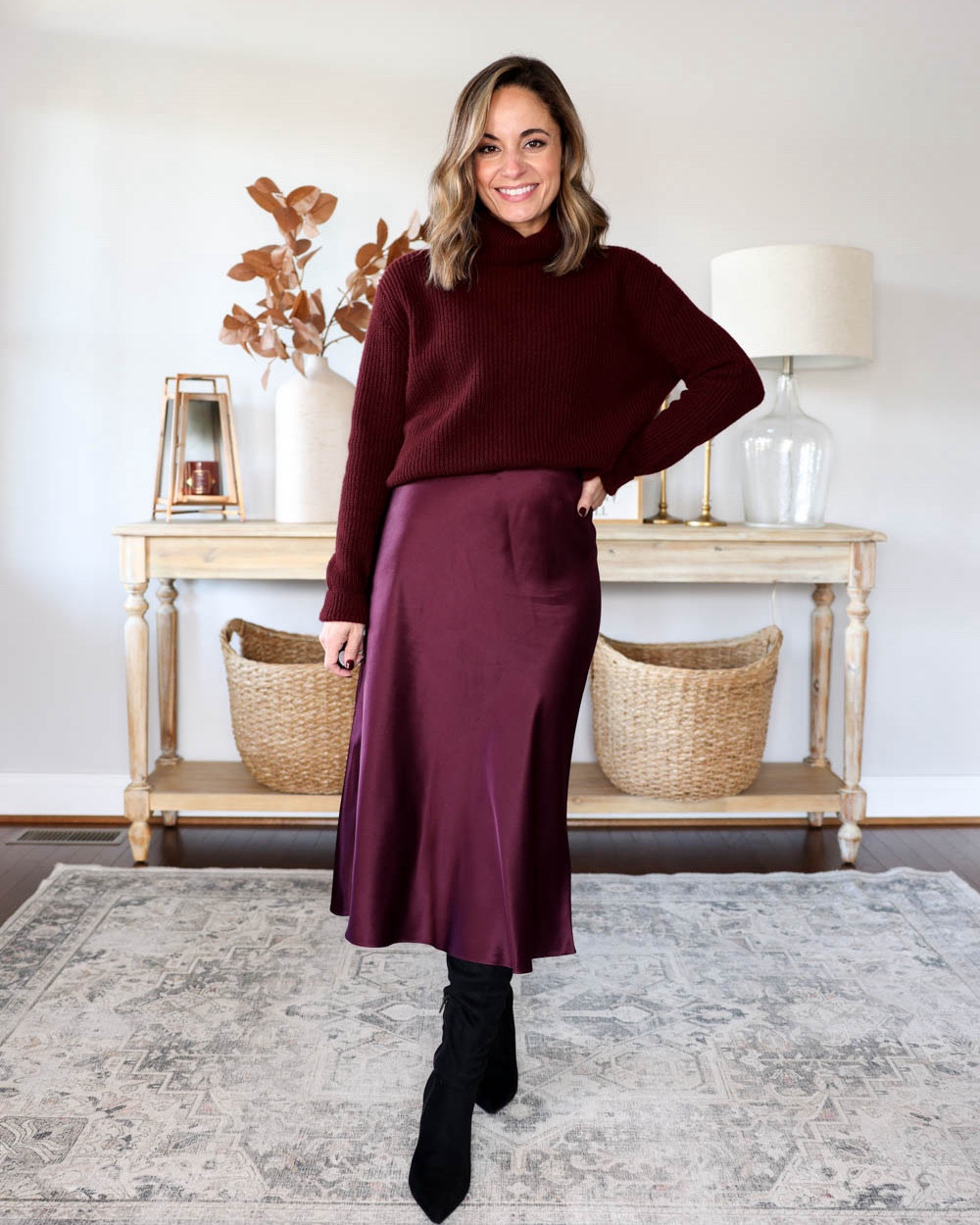 Monochromatic holiday outfit ideas!

Outfit 1:
Washable Silk Skirt (Quince): XS, I’m wearing it in wine tasting
Cashmere Fisherman Turtleneck Sweater: XS - rich burgundy
*I tucked the top into shapewear shorts for a seamless look with the skirt

Outfit 2:
Red pants (Ann Taylor): petite 00 (these are a tiny bit too long even with heels) 
Red blazer (Ann Taylor): petite 00 
Red top (Ann Taylor): xxs 
Silver shoes (Sam Edelman): tts 

Outfit 3:
Twirl skirt (Aritzia): xs in smoked eggplant 
Sweater (Aritzia): xs in smoked eggplant 
Shoes: tts

My measurements for reference: 4’10” 105lbs bust, waist, hips 32”, 24”, 35” size 5 shoe. 25” inseam measurement to my ankle bone. 


#LTKHoliday #LTKStyleTip #LTKSeasonal