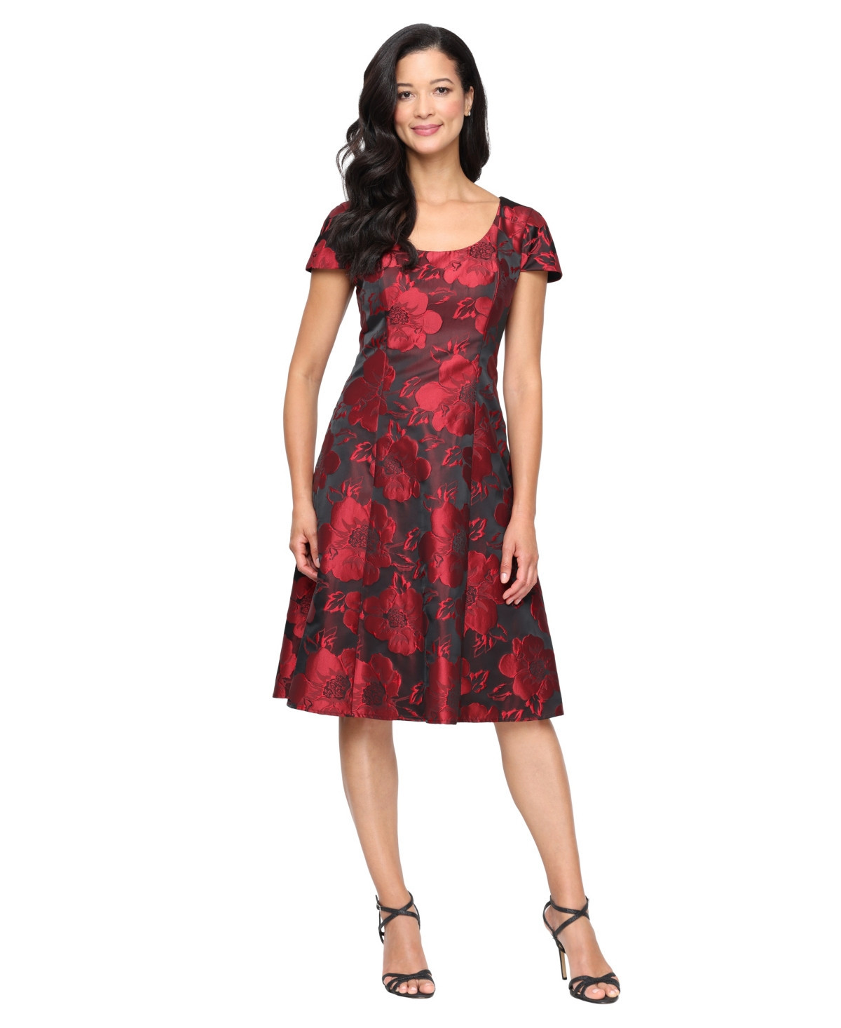 Sl Fashions Women's Midi Printed Scoop Neck A-Line Dress - Red/Black | Macy's