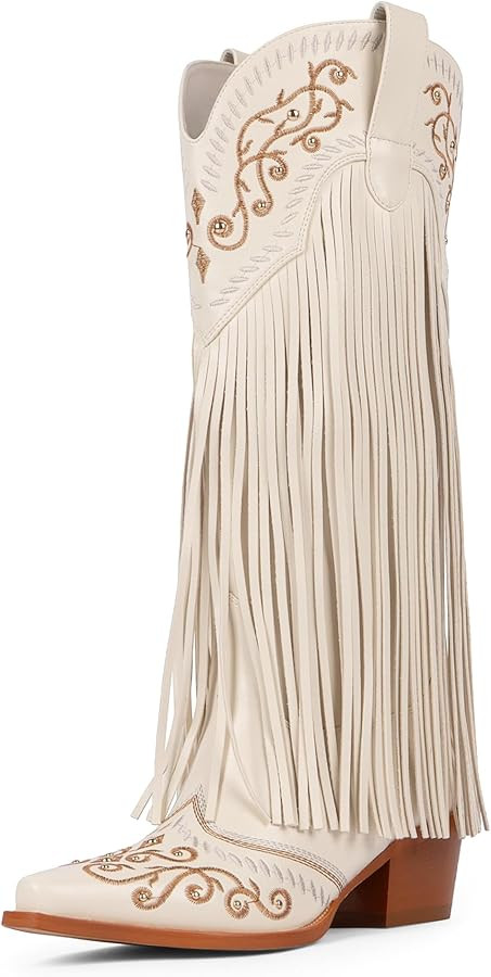 Modatope Cowboy Boots for Women Fringe Knee High Boots Embroidered Cowgirl Western Pointed Toe Ch... | Amazon (US)