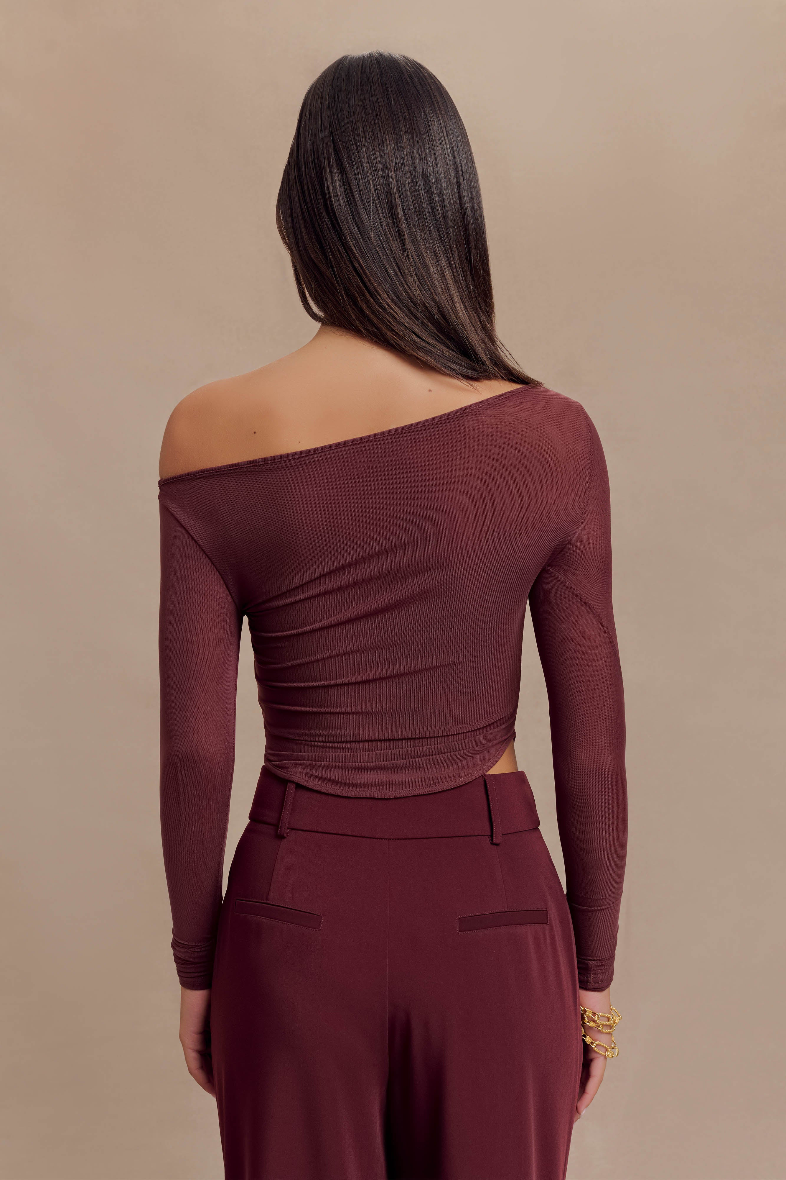 Colette Boat Neck Mesh Top - Mahogany | MESHKI US