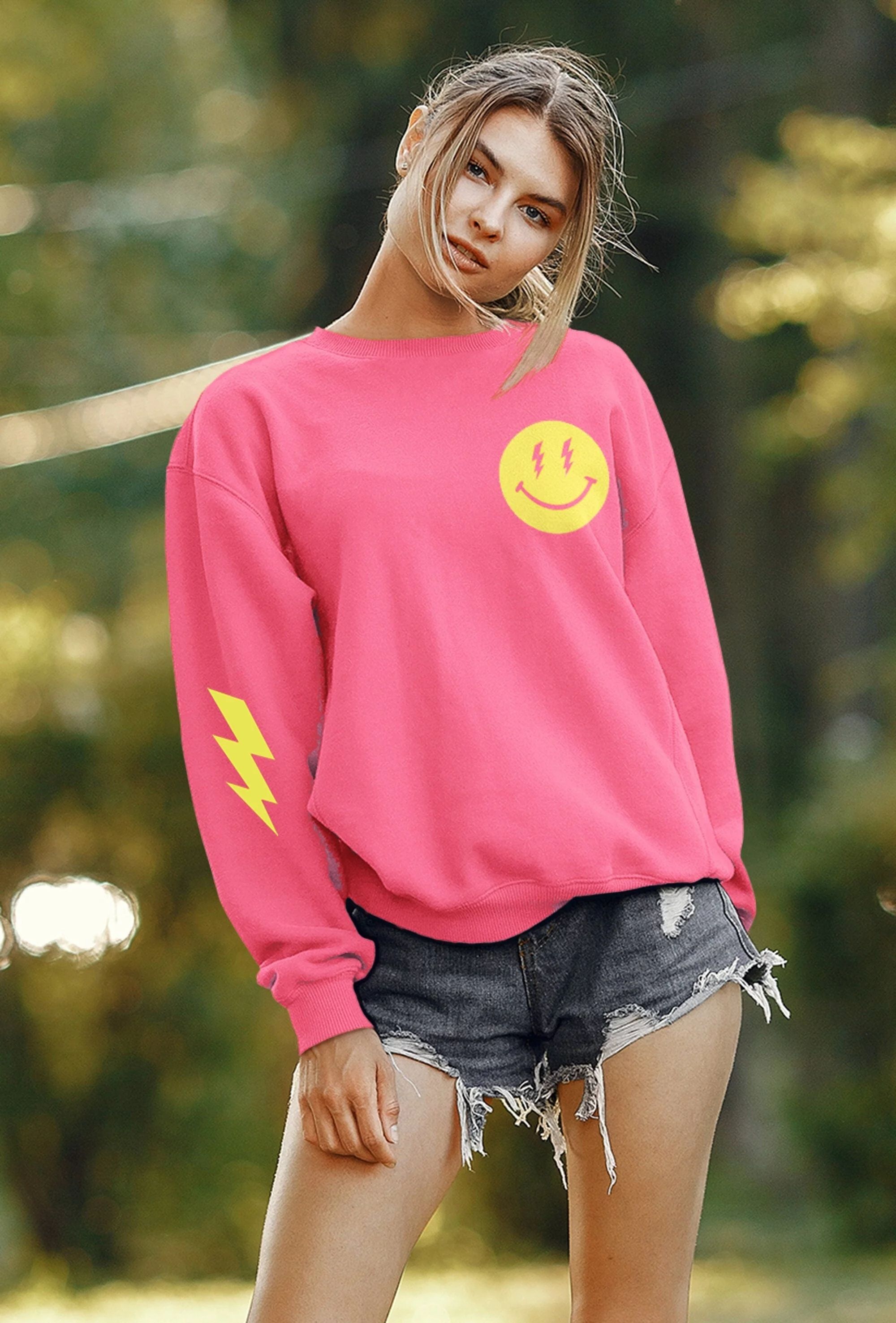 Lightning Bolt Smiley Face Preppy Crewneck Sweatshirt | Walmart (US)