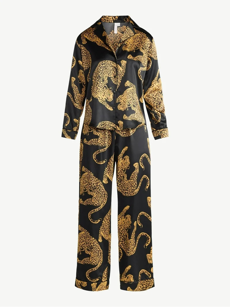 Joyspun Women’s Stretch Satin Notch Long Sleeve Top and Pants Pajama Set, 2-Piece, Sizes XS-3X ... | Walmart (US)