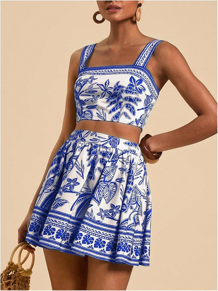 Floerns Women's Two Piece Outfit Tropical Crop Cami Top and Summer Skirts Set | Amazon (US)