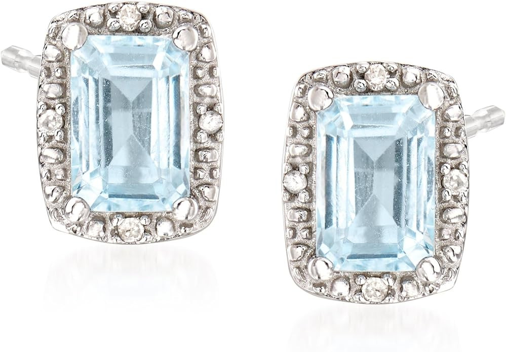 Ross-Simons 1.00 ct. t.w. Aquamarine Stud Earrings With Diamond Accents in Sterling Silver | Amazon (US)