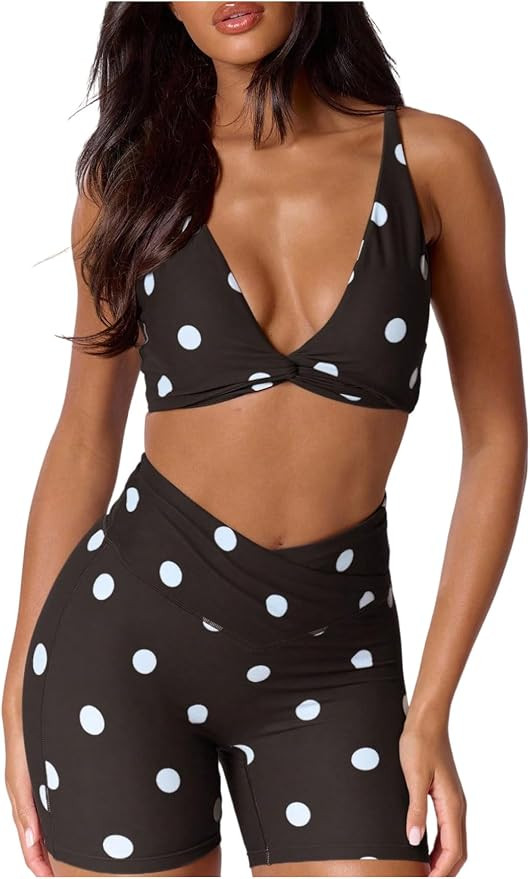 Milumia Women's Polka Dots Workout Set 2 Piece Twist V Neck Sports Bra and High Waisted Shorts Ac... | Amazon (US)