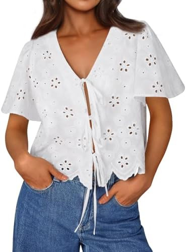 Trendy Queen Womens Summer Tops Cute Boho Blouses Beach Vacation Spring Outfits 2026 Tie Front Ey... | Amazon (US)